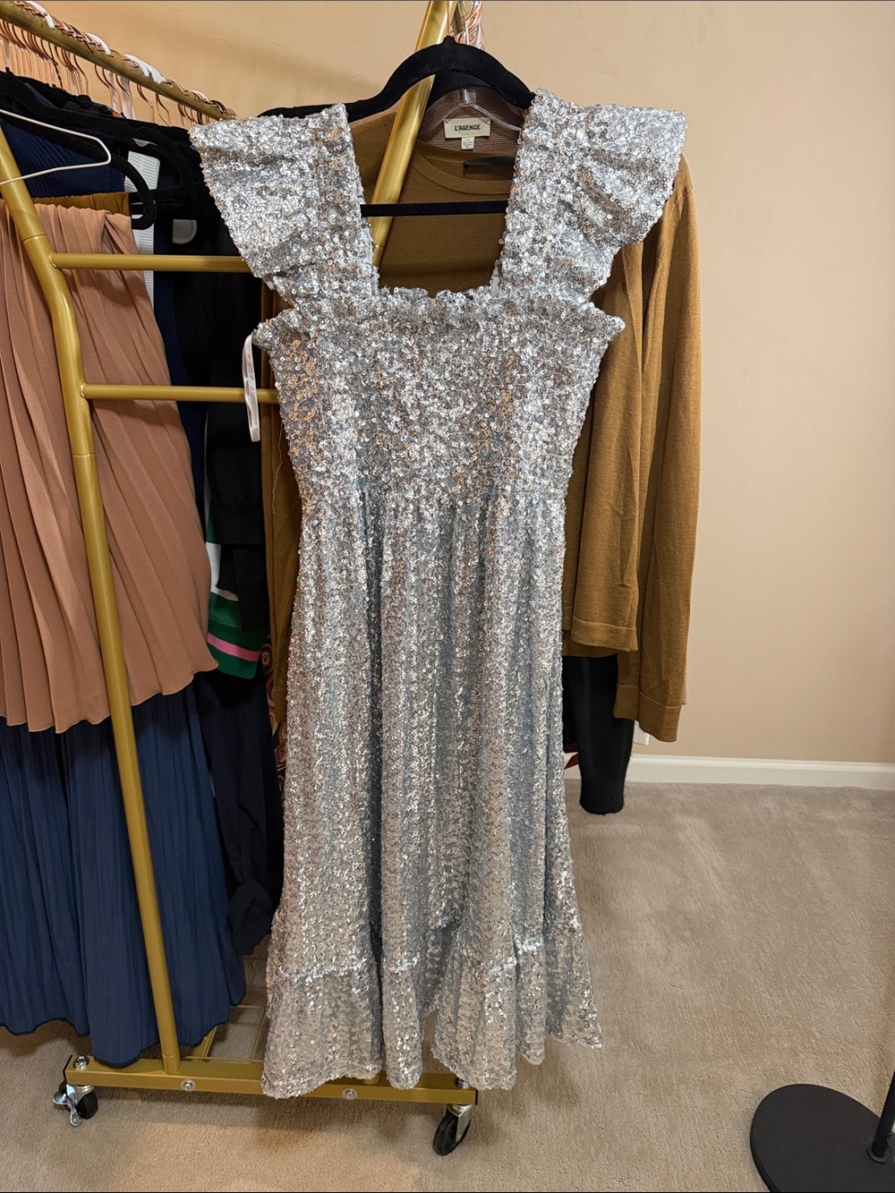 Hill House Silver Sequin Midi Dress with Ruffled Straps